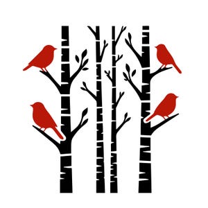 Könnte beinhalten: Grafische Illustration mit vier roten Vögeln, die auf schwarzen Ästen sitzen. Die Vögel sind vor einem Hintergrund aus schwarz-weißen Birkenbäumen platziert und schaffen ein von der Natur inspiriertes Design.