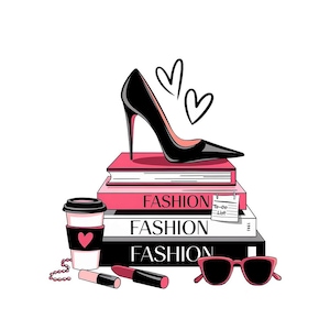 Puede incluir: Una pila de tres libros con la palabra "FASHION" impresa en cada portada. El libro superior tiene una pegatina rosa de lista de tareas pendientes. Un zapato negro de tacón alto se encuentra encima de los libros. Un diseño de corazón rosa está sobre el zapato. Una taza de café y dos lápices labiales están delante de los libros. Un par de gafas de sol negras están delante de los lápices labiales.