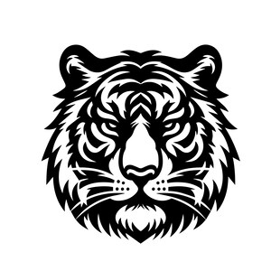 May include: Black and white illustration of a tiger's face. The tiger has a fierce expression with sharp teeth and a powerful jaw.