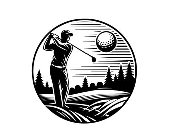 May include: Black and white illustration of a golfer swinging a club on a golf course. The golfer is in silhouette and the ball is in the air.