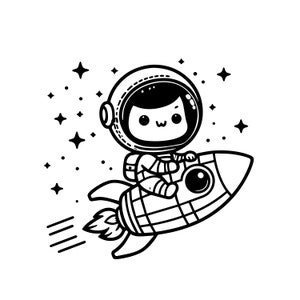 Simpatico astronauta spaziale in sella a un razzo SVG / adesivo per t-shirt decalcomania per bambini / Cricut Silhouette stampabili Clip Art vettoriale digitale svg Png Eps