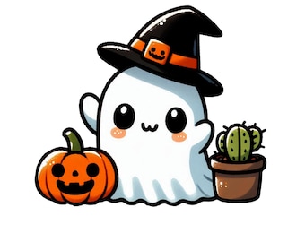 May include: A cute cartoon ghost wearing a black witch hat with an orange and black band and a jack-o-lantern face. The ghost is holding a small orange pumpkin and a green cactus in a brown pot.