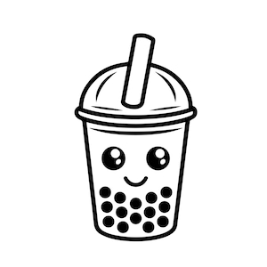 May include: A black and white line drawing of a cute cartoon bubble tea cup with a straw and a smiling face. The cup is filled with boba pearls.