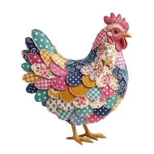 May include: A colorful fabric hen with a patchwork design. The hen features a pink comb and wattle, a yellow beak, and a gold star. The body is made of various patterned fabrics in shades of blue, pink, yellow, and green. The hen has gold metal feet.