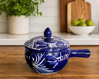 Mexican Talavera Sauce Pot with Lid, Handmade Ceramic Butter Warmer, Blue Pottery Kitchen Decor, Authentic Mexican Cookware, Gift Idea