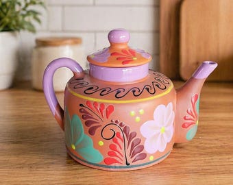 Hand Painted Mexican Ceramic Teapot, Talavera Style Clay Teapot with Lid, Rustic Kitchen Decor, Traditional Pottery, Handmade Serveware Gift