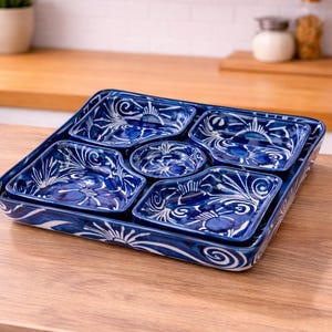 Talavera Salsa Serving Set Mexican Ceramic Dip Tray Handmade Blue Chip & Dip Platter Cinco de Mayo Kitchen Decor Fiesta Entertaining Dish