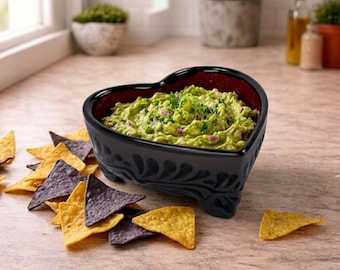 Handmade Talavera Black Terracotta Salsa Bowl Lead Free, Heart Shape Salsa Serving Bowl, Unique Gift