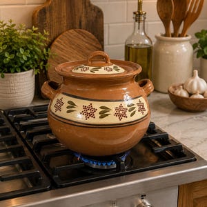 May include: A round, brown clay cooking pot with a matching lid, featuring two side handles and a cream-colored band decorated with painted red floral patterns and green leaves. The pot sits on a black metal gas stove burner with a blue flame.