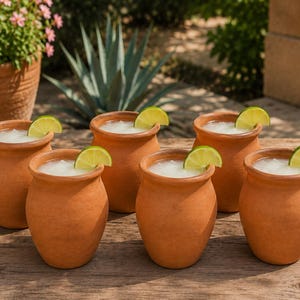 May include: Six terracotta clay mugs filled with a white beverage and garnished with lime wedges. The mugs are arranged on a wooden surface, suggesting a refreshing drink. The scene evokes a rustic, outdoor setting.