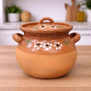 May include: A round, terracotta cooking pot with a lid. The pot has two side handles and a loop handle on the lid. The lid and upper portion of the pot are decorated with white flower and green leaf designs. The pot sits on a wooden surface.
