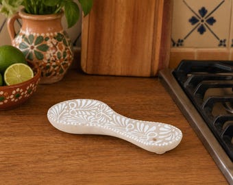 Handmade Spoon Rest | Talavera Spoon Holder | Beige white | Lead Free