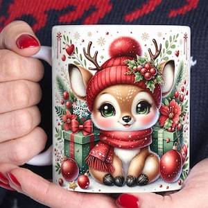 3D Christmas Mug Wrap Sublimation Designs 11 oz & 15 oz Coffee Mug Wrap PNG Deer Christmas Coffee Mug Digital Download