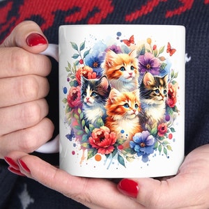 花柄子猫マグラップ 11オンス & 15オンス ラップアラウンドマグ コーヒーマグラップ 昇華デザイン 花柄猫マグラップ インスタントデジタルダウンロード