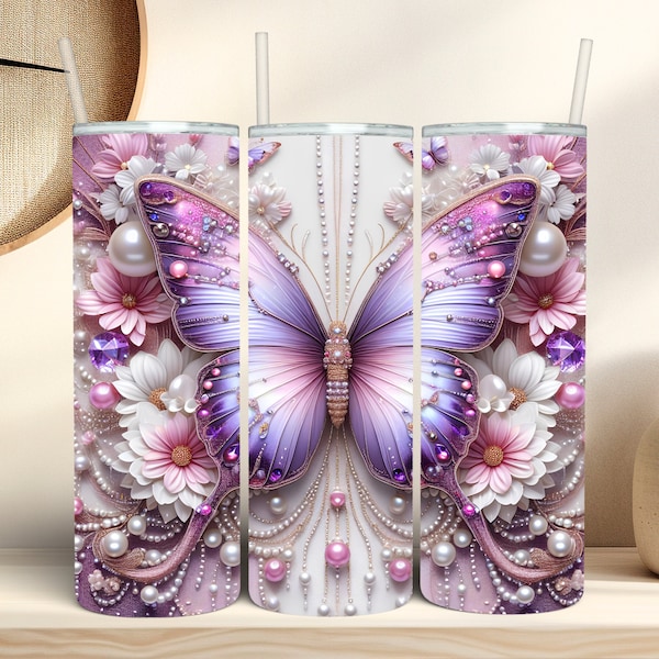 3d Butterfly Tumbler Wrap 20 oz Skinny Tumbler Floral Sublimation Designs Purple Tumbler Wrap Glitter Tumbler Wrap Straight & tapered