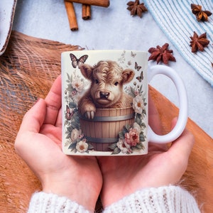 Kubek 3D Baby Highland Cow Wrap PNG Projekty sublimacji dla 15 oz i 11 oz Cow Mug Coffee Wrap szablon do natychmiastowego pobrania cyfrowego