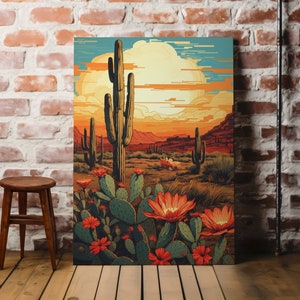 Impression sur toile de paysage désertique aux couleurs vives | Fleurs de cactus colorées, art mural sud-ouest, décoration de bureau à domicile coucher de soleil, 4 tailles, prêt à accrocher