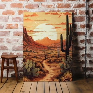 Sunset in the Desert Southwest Canvas Print | Vibrant Cactus, Mountain Scenery, Perfect for Home and Office Decor | 4 sizes, Frame Optional