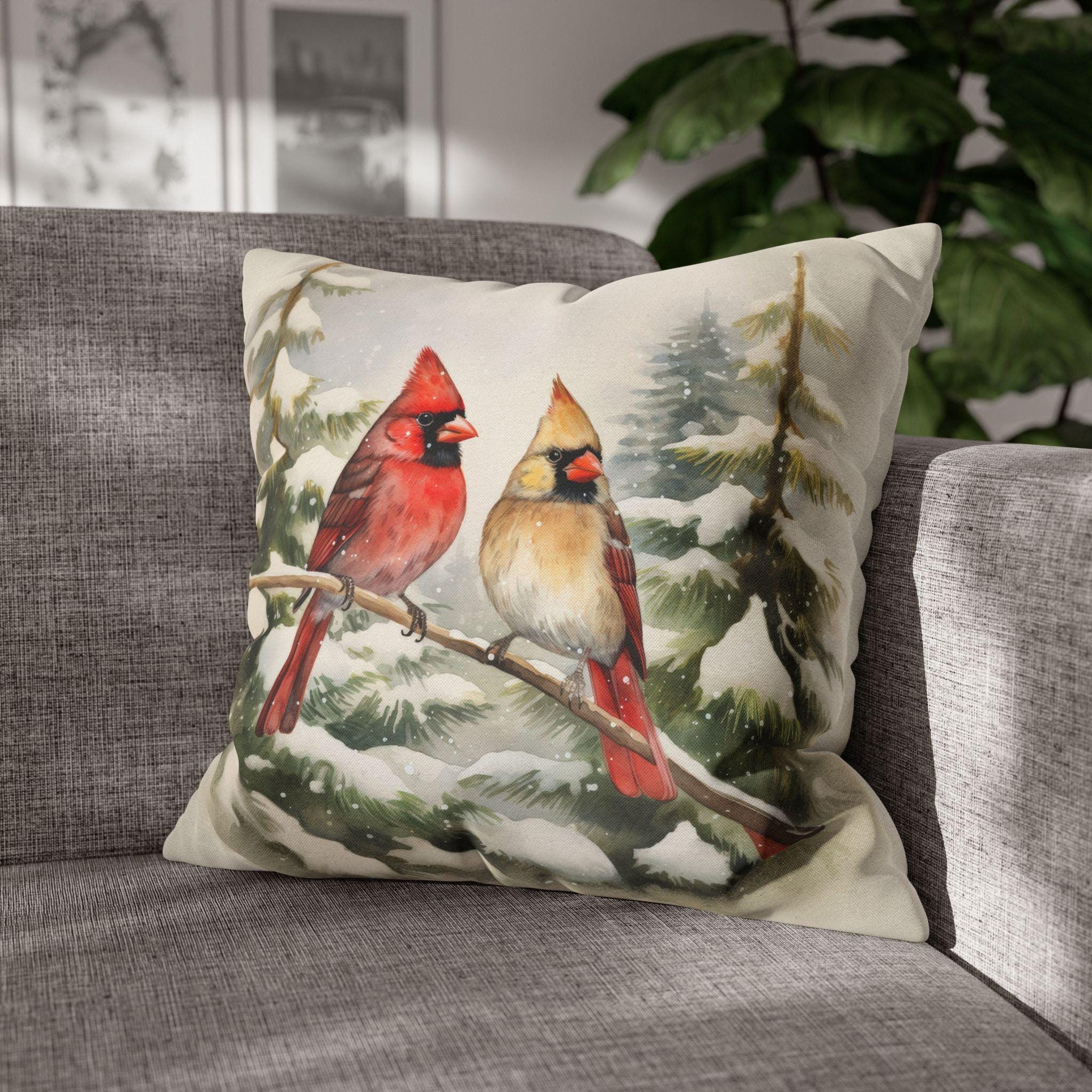 Cardinal Couple Pillow Cover | Snowy Winter Scene, Bird Lover Gift, Holiday Home Styling, Cozy Christmas Decor, 4 Sizes, Insert Available