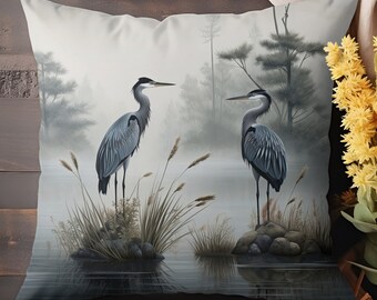 Misty Heron Duet Pillow Cover | Nature Decor, Southern Landscape, Louisiana Bayou, Home Decor Pillowcase, Insert Available, Multiple Sizes