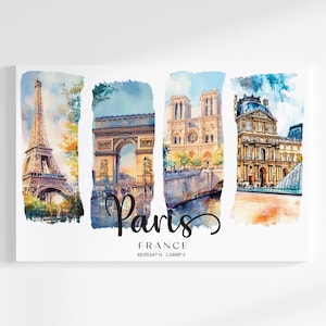 Impression sur toile d'art mural Paris | Aquarelle coup de pinceau, Tour Eiffel Arc de Triomphe, Louvre, France, décoration de voyage, 4 tailles prêtes à accrocher