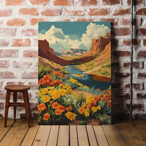 Southwest Wildflower Canyon Canvas Print | Vintage Bold Western Decorate Walls, Southwestern Art, Home Office Decor, 4 Sizes, Ready to Hang