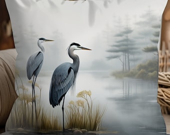 Heron Pillow Cover | Nature Decor, Misty Lake, Modern Art Pillow, Pillowcase, Accent Throw Pillow Insert, Home Decor, Cabin Rental Lakehouse