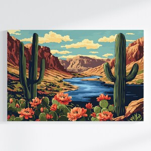 Southwest River Scene Canvas Print | Vibrant Cactus Flowers, Colorful Desert, Nature Wall Hanging Art, Home Decor, 4 Sizes, Ready to Hang