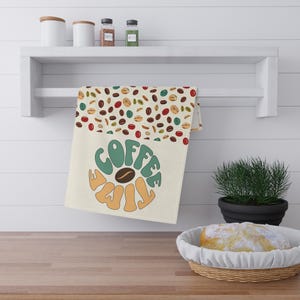 Coffee Time Kitchen Tea Towel, Retro Coffee Beans Towel, Fun Coffee Print Dish Towel, Colorful Kitchen Decor, Gift For Coffee Lovers Drinker