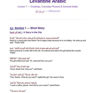 Op de afbeelding: Een pagina uit een les in Levantijns Arabisch met de titel "Les 1 - Groeten, dagelijkse zinnen & overlevings-Arabisch." De pagina bevat Arabische tekst, Engelse vertalingen en een kort verhaal getiteld "Een verhaal in de stad."