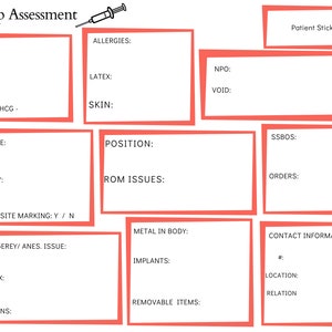 May include: A printable pre-operative assessment form with sections for patient information, allergies, medical history, and contact information. The form is designed for use in a medical setting.