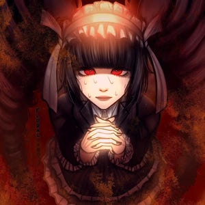 May include: A digital illustration of a character with long black twin tails, wearing a black maid-style outfit with a white ruffled headpiece and collar. The character has bright red eyes, dark nail polish, and a nervous expression with visible sweat.