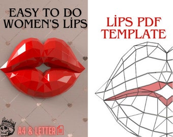 Papercraft 3D LIPPEN Mond met tanden / Laag poly lippen / Muurdecoratie voor thuis, Lippensculptuur / Lippen PDF-sjabloon gemakkelijk / Valentijnsdag cadeau