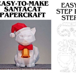 Op de afbeelding: Een witte papieren kat met een rode kerstmuts, een rode vlinderdas en een gouden bel. De afbeelding bevat de tekst "EASY-TO-MAKE SANTACAT PAPERCRAFT" en "EASY STEP BY STEP" met diagrammen voor montage.