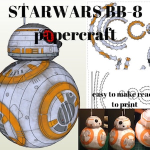 Peut inclure: Un modèle de papercraft Star Wars BB-8 avec instructions. Le modèle est blanc et orange avec un œil noir. L'image montre également les pièces de papercraft nécessaires pour construire le modèle.
