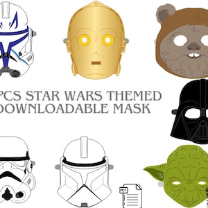 Könnte beinhalten: Sieben druckbare Masken zum Thema Star Wars. Die Masken umfassen Darth Vader, Yoda, einen Stormtrooper, C-3PO, einen Wookiee und zwei verschiedene Klonkrieger. Die Masken sind Schwarzweißzeichnungen.
