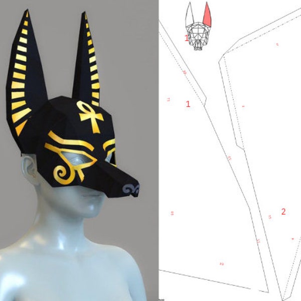 Máscara de Anubis / Máscara de Chacal / Máscara de papel DIY, Plantilla imprimible, Papercraft, Máscara 3D, Polígono, Low Poly, Geométrico, Traje, plantilla de espuma