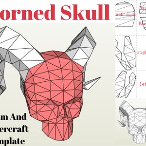 May include: A printable papercraft template for a horned skull. The template is made up of a series of polygons that can be cut out and assembled to create a 3D model. The skull is red and white, with two large horns.