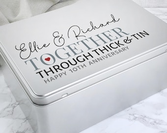 Personalised 10th anniversary tin years gift | Custom silver storage treats tin | Thick & Tin | Couples tenth wedding anniversary present