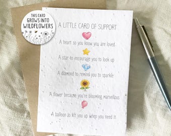 May include: A card with the text "A Little Card of Support" and a round sticker that says "This card grows into wildflowers." The card is accompanied by a pen and a brown envelope.