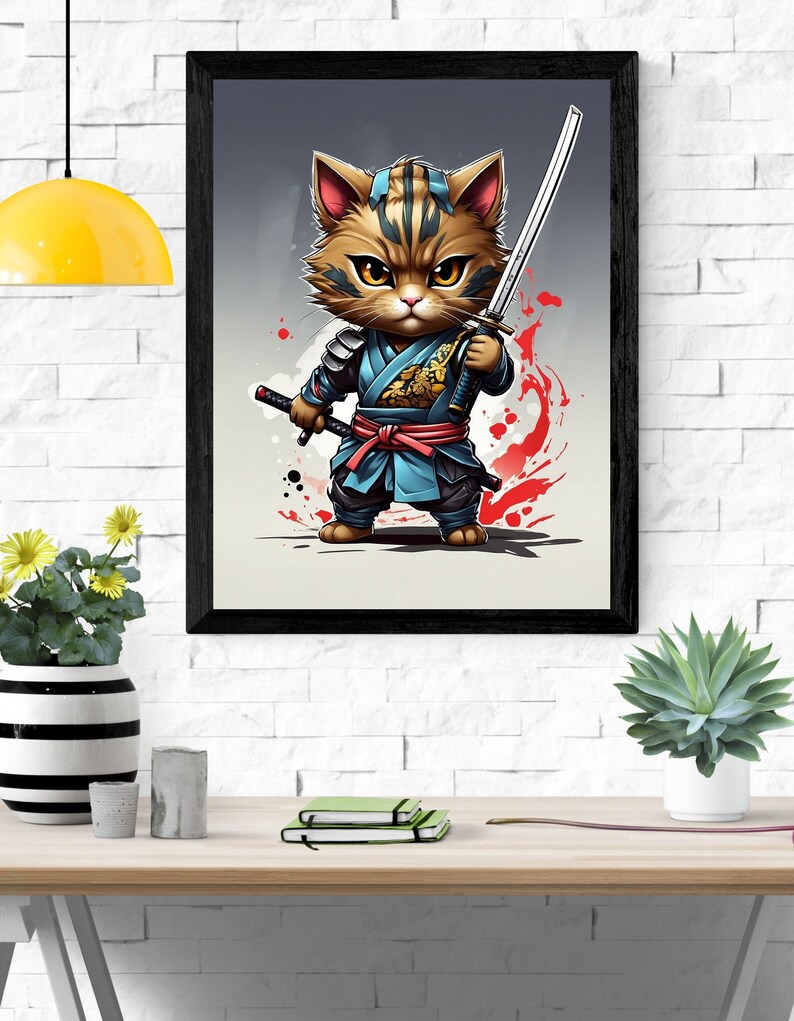 Chibi Warrior Cat. Poster Digital Art Print Wall Art Decoration AI