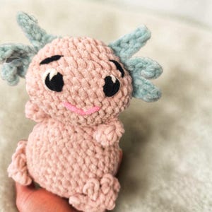 Puede incluir: Un peluche de axolotl rosa tejido a mano con ojos negros, una sonrisa rosa y branquias azul claro. Este peluche es suave y tierno, ideal para niños o como objeto decorativo. El axolotl es una criatura linda y caprichosa.