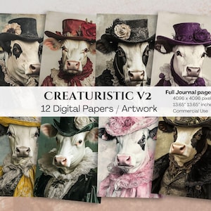 May include: Twelve digital papers featuring whimsical illustrations of cows wearing various hats and clothing. The papers are perfect for scrapbooking, card making, and other creative projects. Each paper is 4096 x 4096 pixels, or 13.65 inches by 13.65 inches.