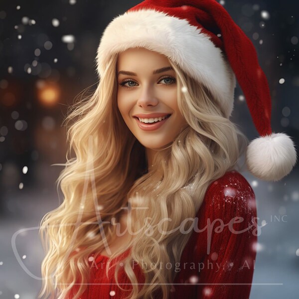 Woman wearing Christmas Hat, Christmas fashion, Blonde, Digital download, art print, digital art, photography, stock photo, commercial use
