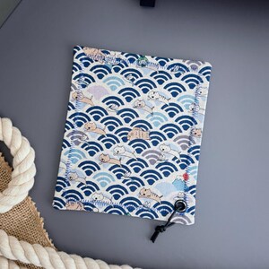Neko Blue Seigaiha Hank | Modern Microfiber Handkerchief | Oriental Cat Blue Waves Style Hank with EDC Lanyard and Microfiber | Awesome Hank