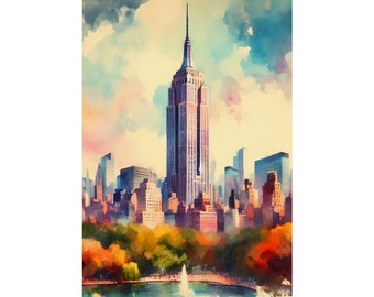 New York Empire State Building Watercolor Painting Print Home Decor