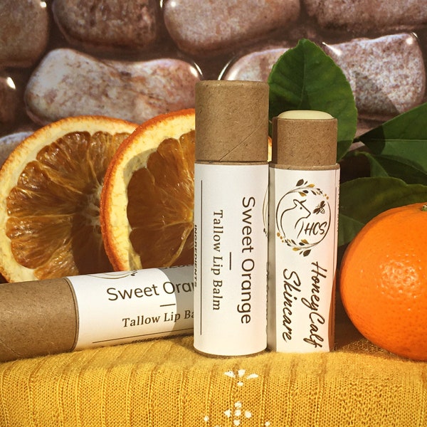 Tallow Lip Balm, Sweet Orange. Zero Waste Lip Balm, 5 Pack Lip Balm Pack, Lip Butter Tallow Balm For Dry Lips, Spa Gift For Her Under 20