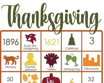 Thanksgiving Bingo Trivia Game - 12 Cards with multicolored Icons (Digital File)