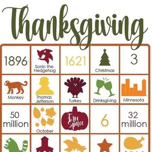 Thanksgiving Bingo Trivia Game - 12 Cards with multicolored Icons (Digital File)