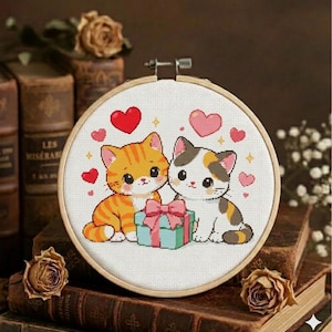 Kawaii kattpar korsstygnsmönster, jubileumspresent, broderidesign för katter (PDF-nedladdning)